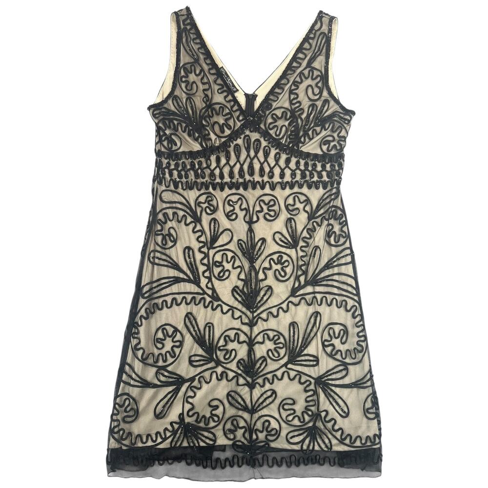 Pisarro Nights Beaded Mesh Cocktail Dress Black Nude Art Deco Sheath - 16